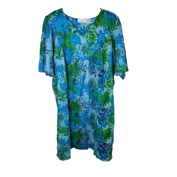 New Sante Classics O/S Plus Womens Blue Floral Tropical Print Tunic Dress Cotton - Picture 3 of 6